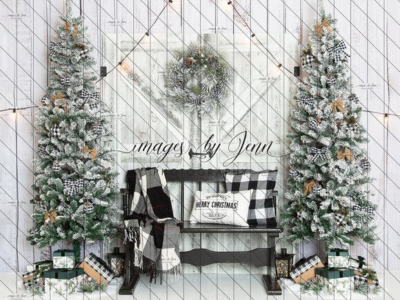 Snowy Plaid Christmas with Bench