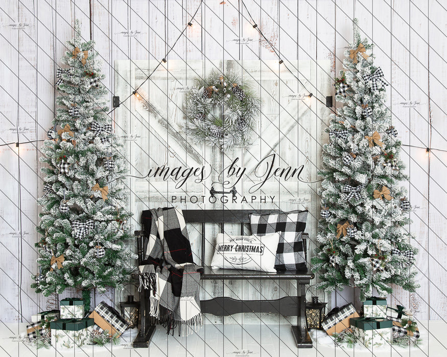Snowy Plaid Christmas with Bench