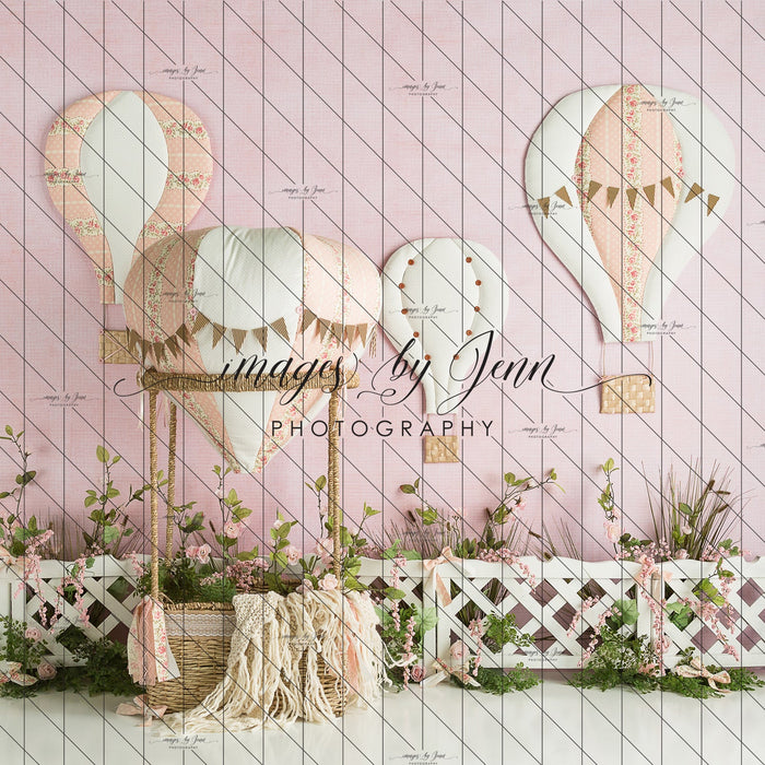 X Drop up and away pink balloons with basket