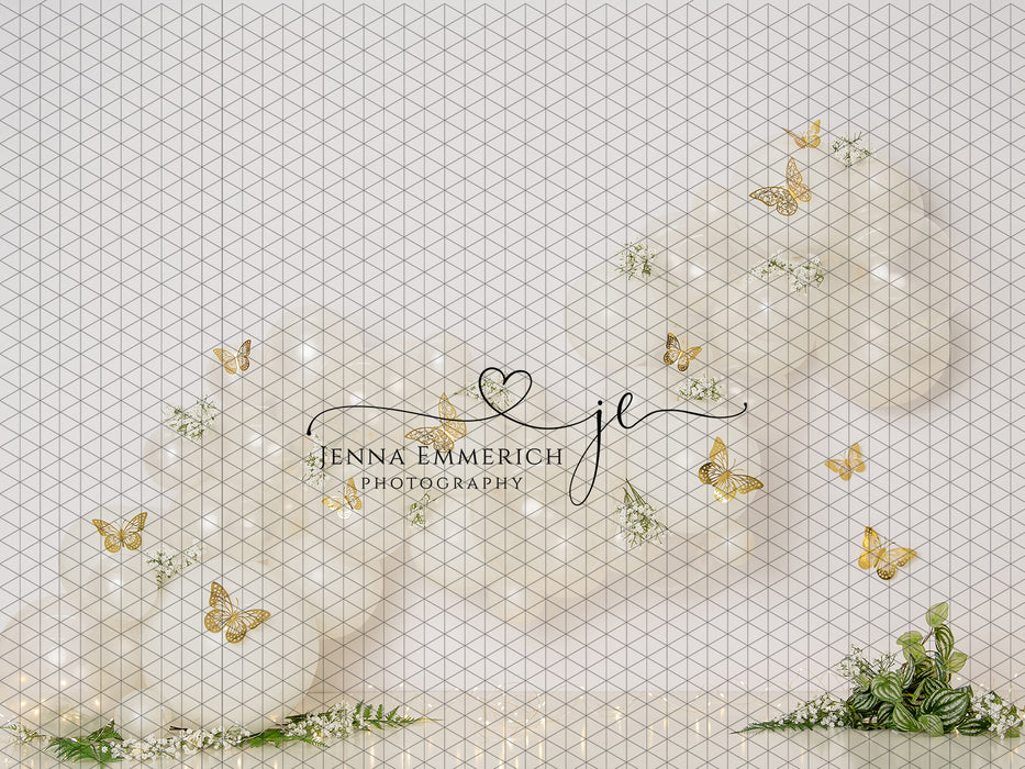 White balloon garland with butterflies (JE)