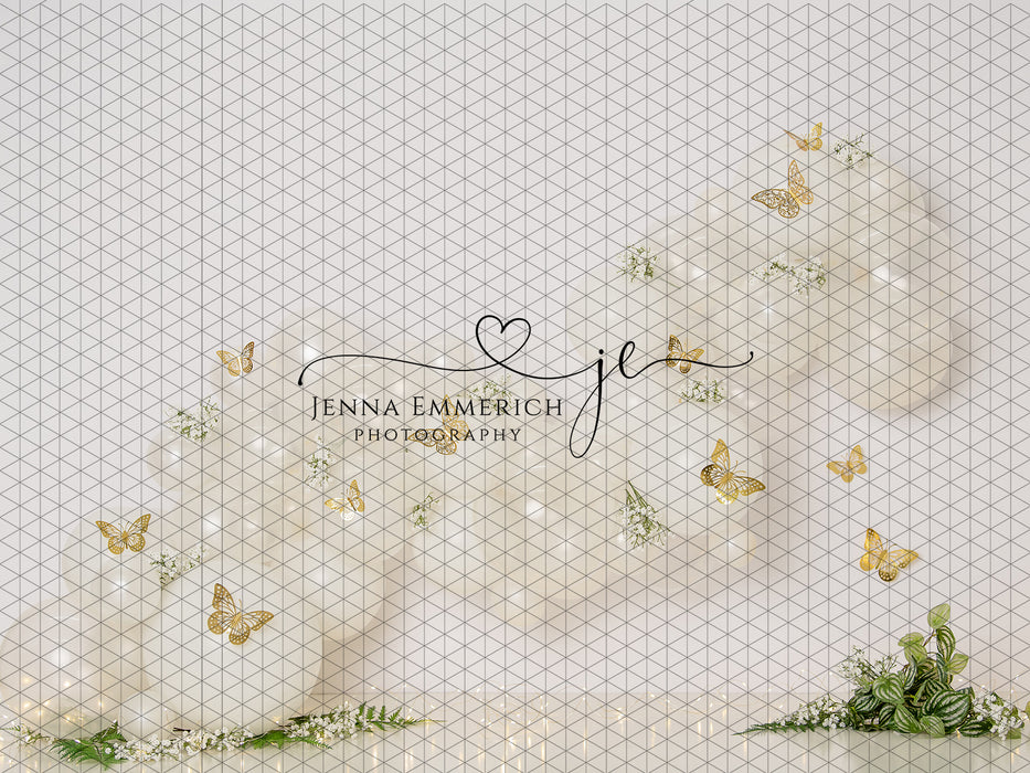 White balloon garland with butterflies (JE)