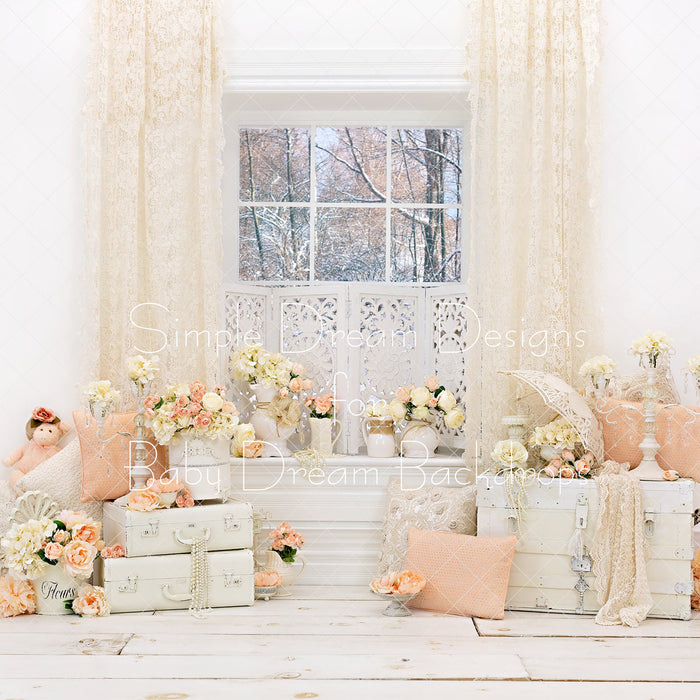 X Drop winter window peach and lace