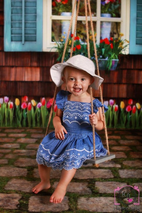 Spring View Blue Shutters with Tulips