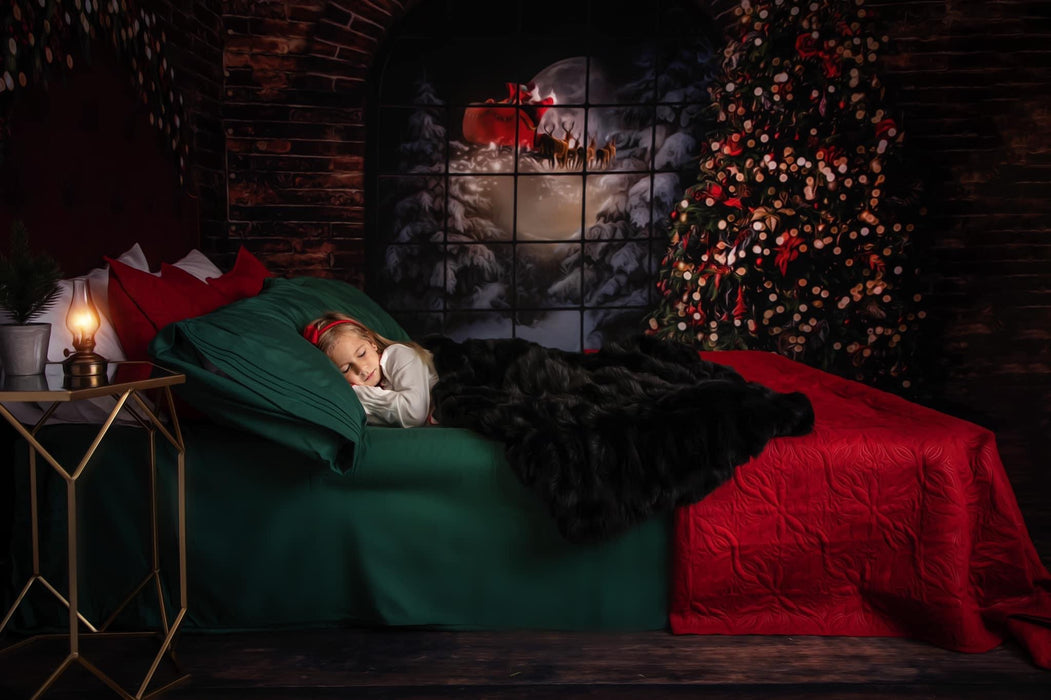 Northern Nook Red Queen Headboard and Northern Nook Window Curtains Santa Tree Room